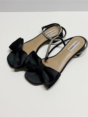 Steve Madden Black Satin Bow Slingback Sandals with Rhinestone Ankle Strap